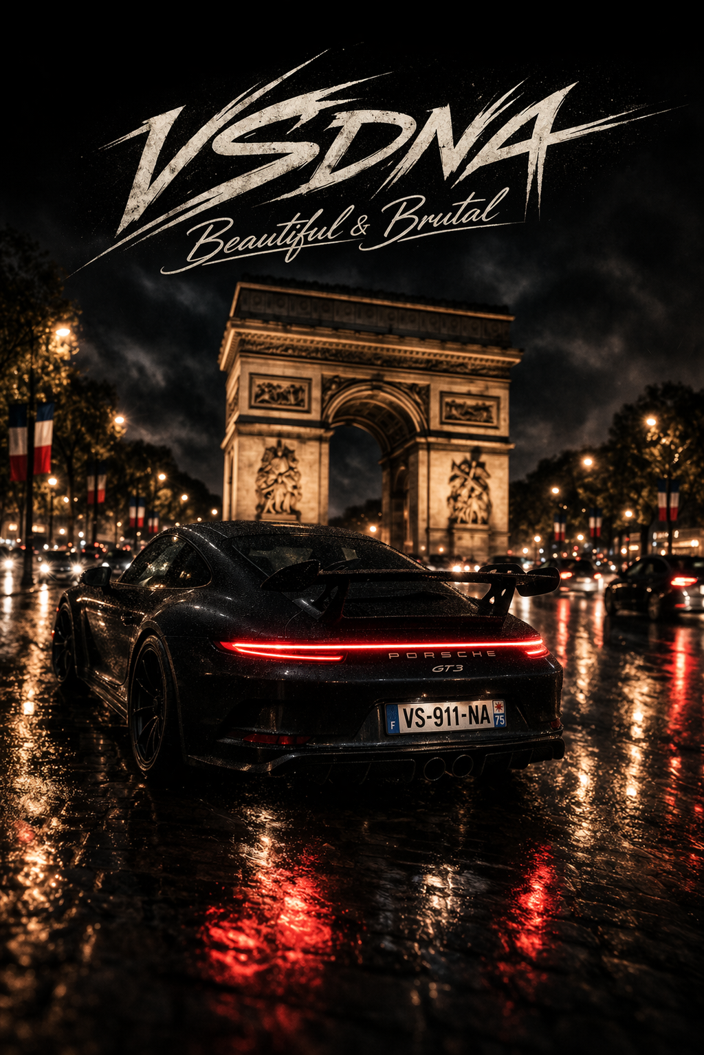 Black rear car in Paris, France, framed against arc de triomphe / night avenue.