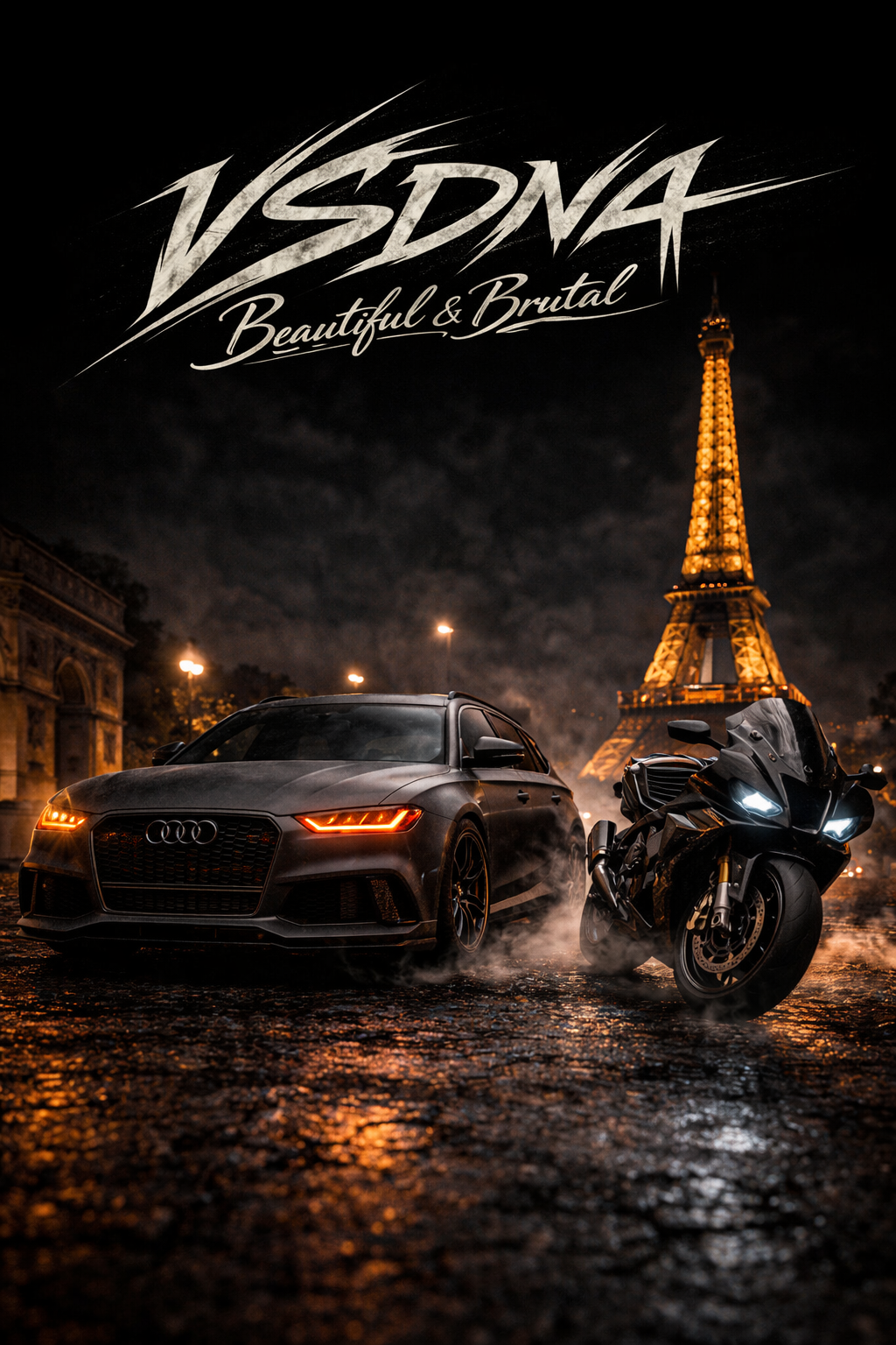 Car and motorcycle in Paris, France, framed against eiffel tower / river approach.